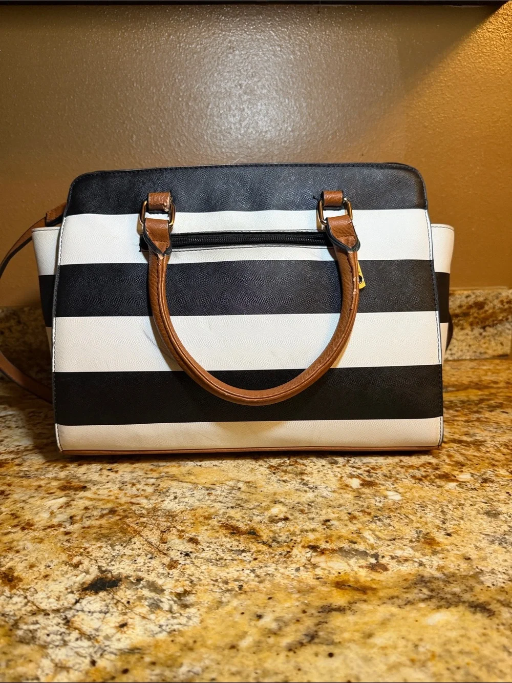 Michael Kors Black & White Striped Satchel with Brown Trim